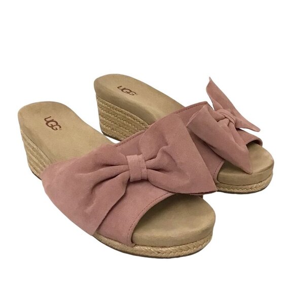 UGG 8.5 Jaycee Suede Rose Pink Bow Women’s Espadrille Wedge Sandals Shoes - Picture 2 of 12